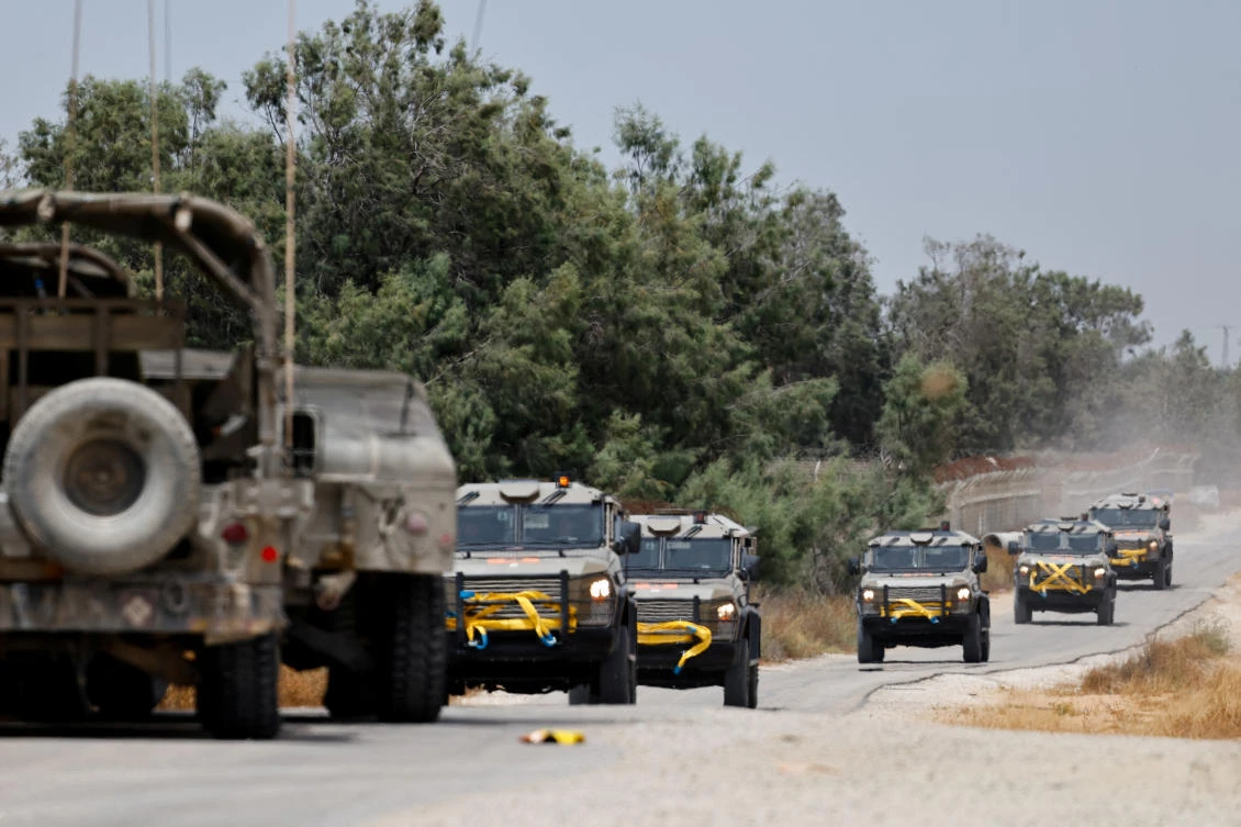 Israeli military convoy moves along a road near the Israel-Gaza border, in Israel, May 26, 2025. (Reuters)