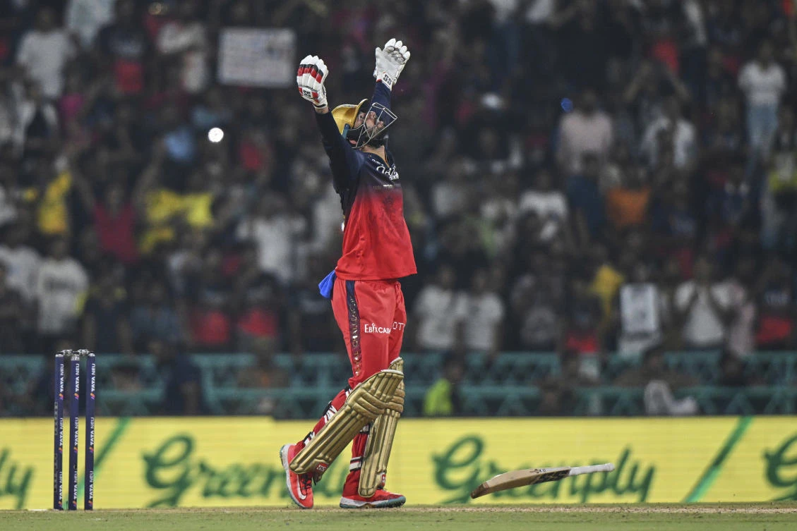 Bengaluru’s Jitesh Sharma celebrates after scoring the winning runs against Lucknow Super Giants at Atal Bihari Vajpayee Ekana Cricket Stadium in Lucknow, India, May 27, 2025. (AP Photo)