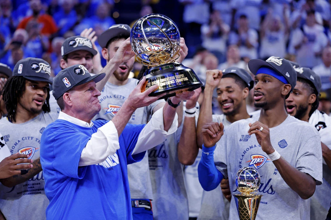 Oklahoma City Thunder chairman Clay Bennett celebrates after his team beat the Minnesota Timberwolves to win the Western Conference Finals for the 2025 NBA Playoffs at Paycom Center. (Imagn Images)
