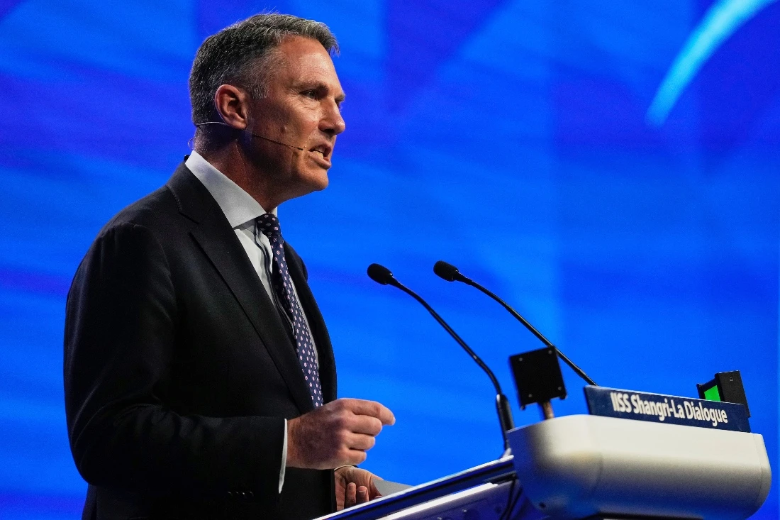 Australian Minister of Defence Richard Marles delivers his speech at the 22nd Shangri-La Dialogue summit in Singapore. (AP)