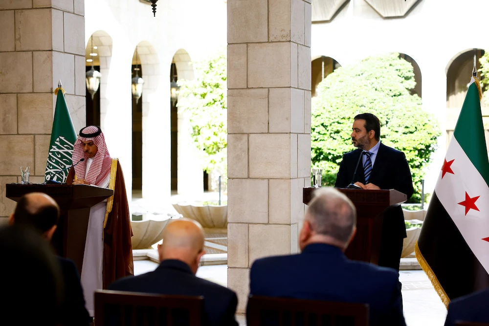 Saudi Foreign Minister Prince Faisal bin Farhan Al Saud and Syrian Foreign Minister Asaad Hassan al-Shibani attend a press conference in Damascus, Syria May 31, 2025. (Reuters)