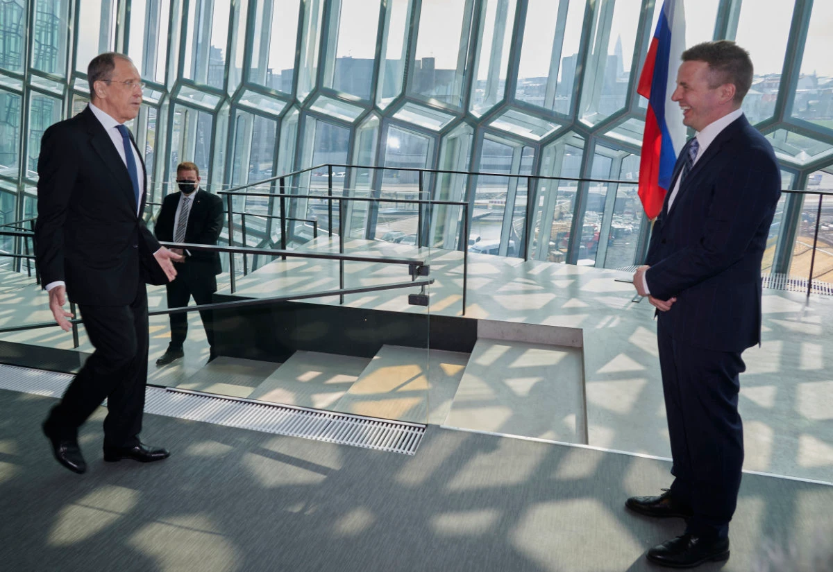 Russian FM Sergei Lavrov being welcomed in Iceland during the 12th Arctic Council ministerial meeting on May 20, 2021. (AFP)