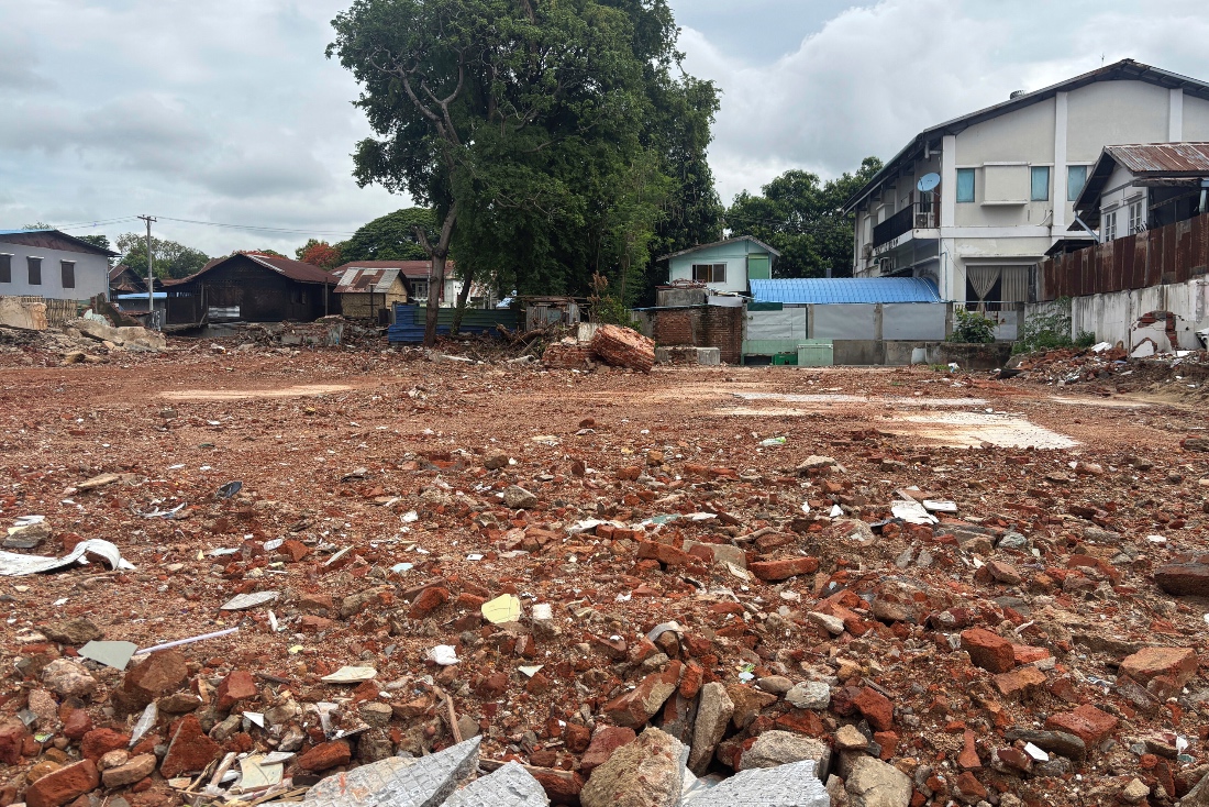 An empty field with a collapsed building caused by a strong earthquake in Naypyitaw, Myanmar. (AP)