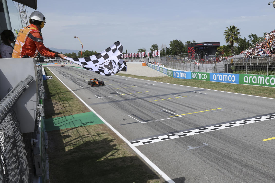 McLaren driver Oscar Piastri of Australia approaches the finish line to win the Spanish Grand Prix Formula One race at the Barcelona Catalunya racetrack in Montmelo, near Barcelona, Spain, Sunday, June 1, 2025. (AP)