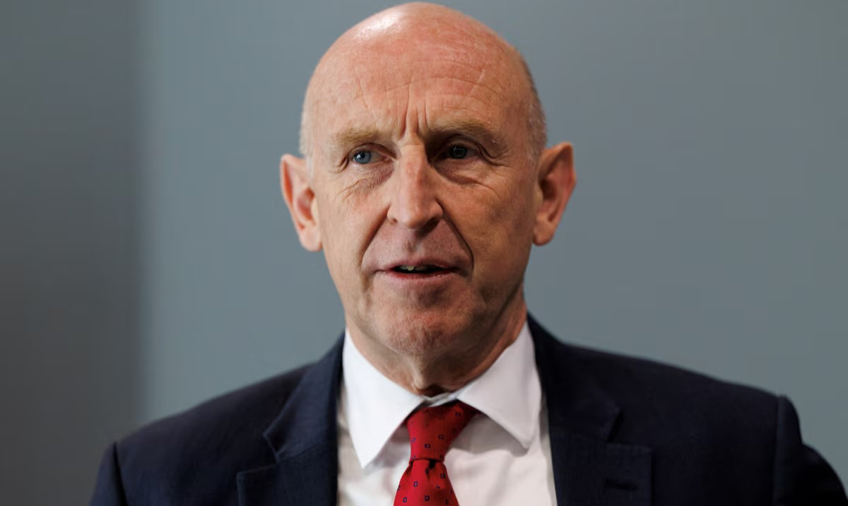 British Defence Secretary John Healey visits the MBDA Storm Shadow factory on May 31, 2025 in Stevenage, England. (Reuters)