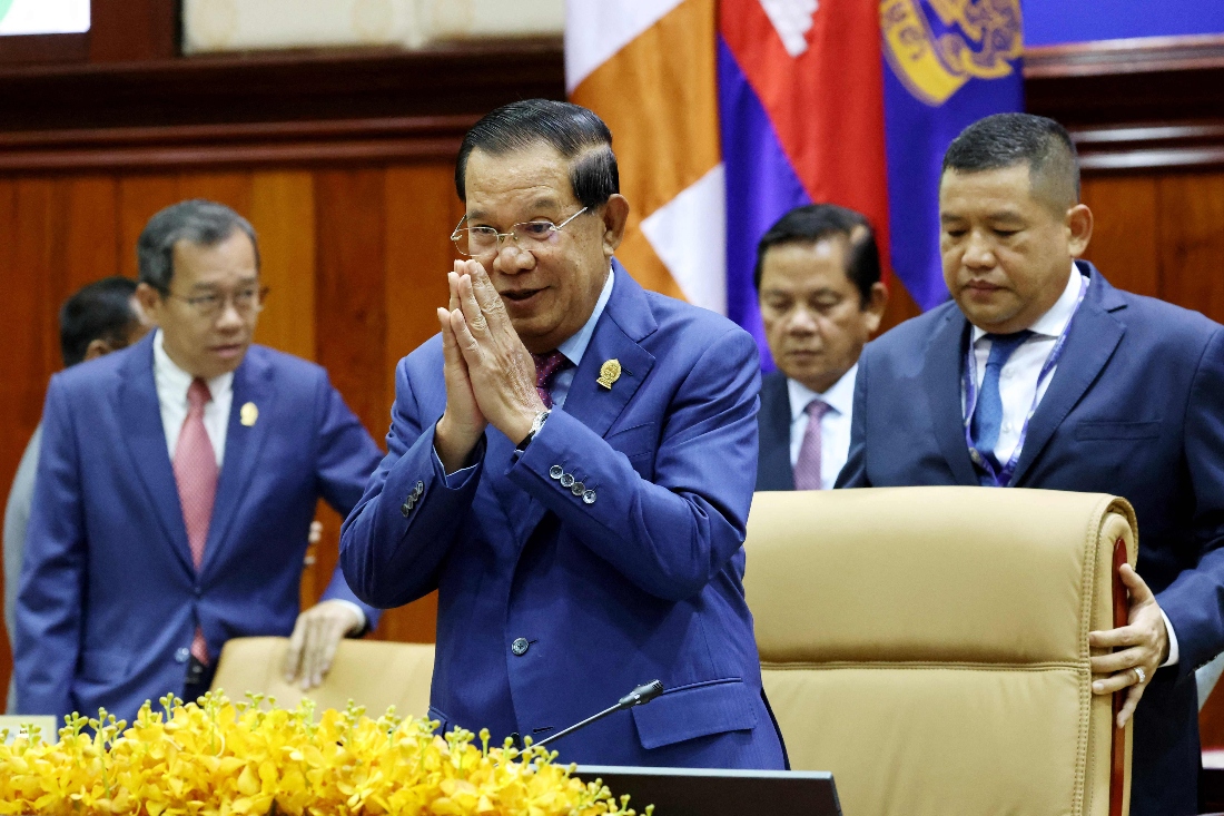 Cambodia's Senate President Hun Sen gesturing during a joint congress between the Senate and the National Assembly building in Phnom Penh. (Handout)