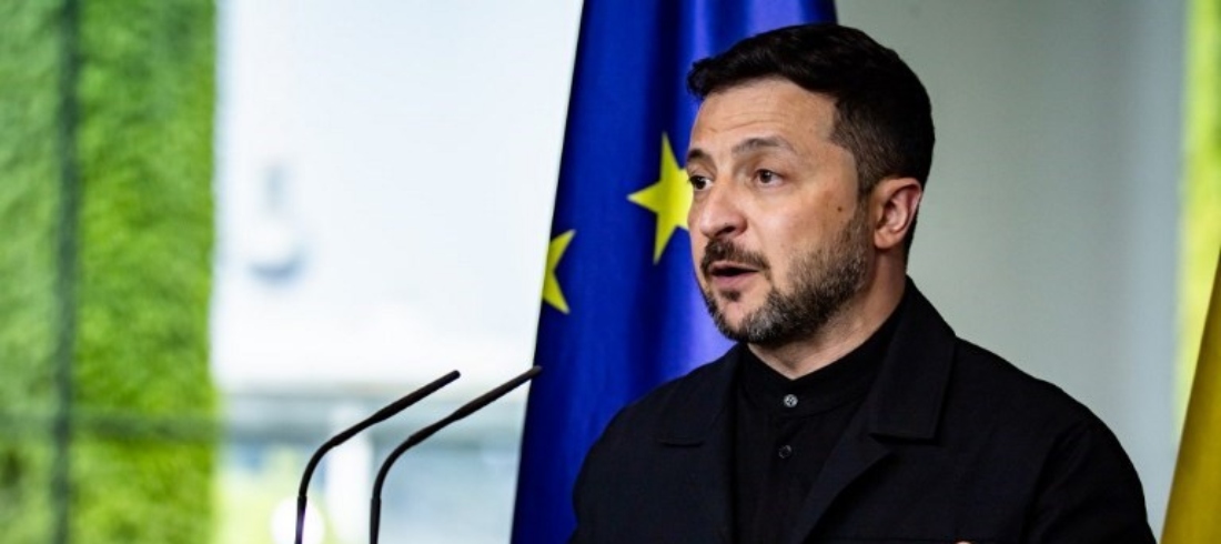 Ukrainian President Volodymyr Zelensky at a press conference in Germany. (AFP)