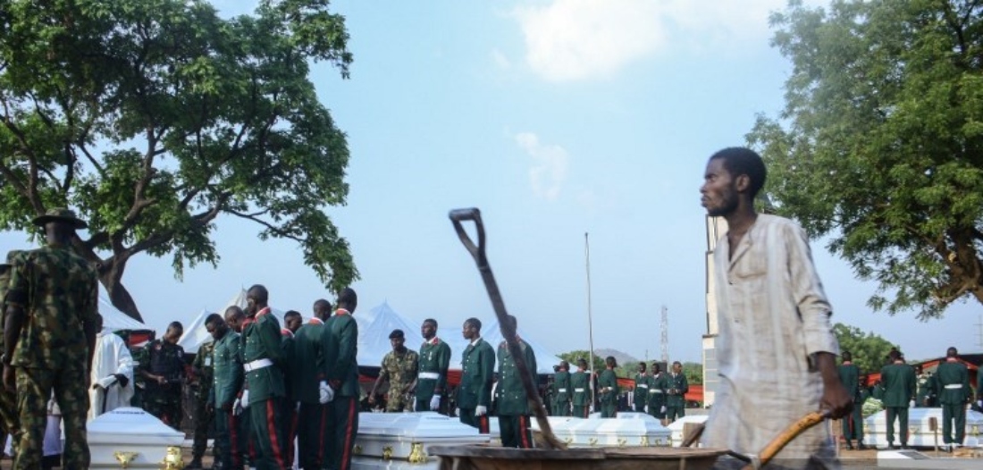 Bodies of military personnel killed in Okuama in Delta State in March 2024, arriving at the National Military Cemetery, Nigeria. (AFP)