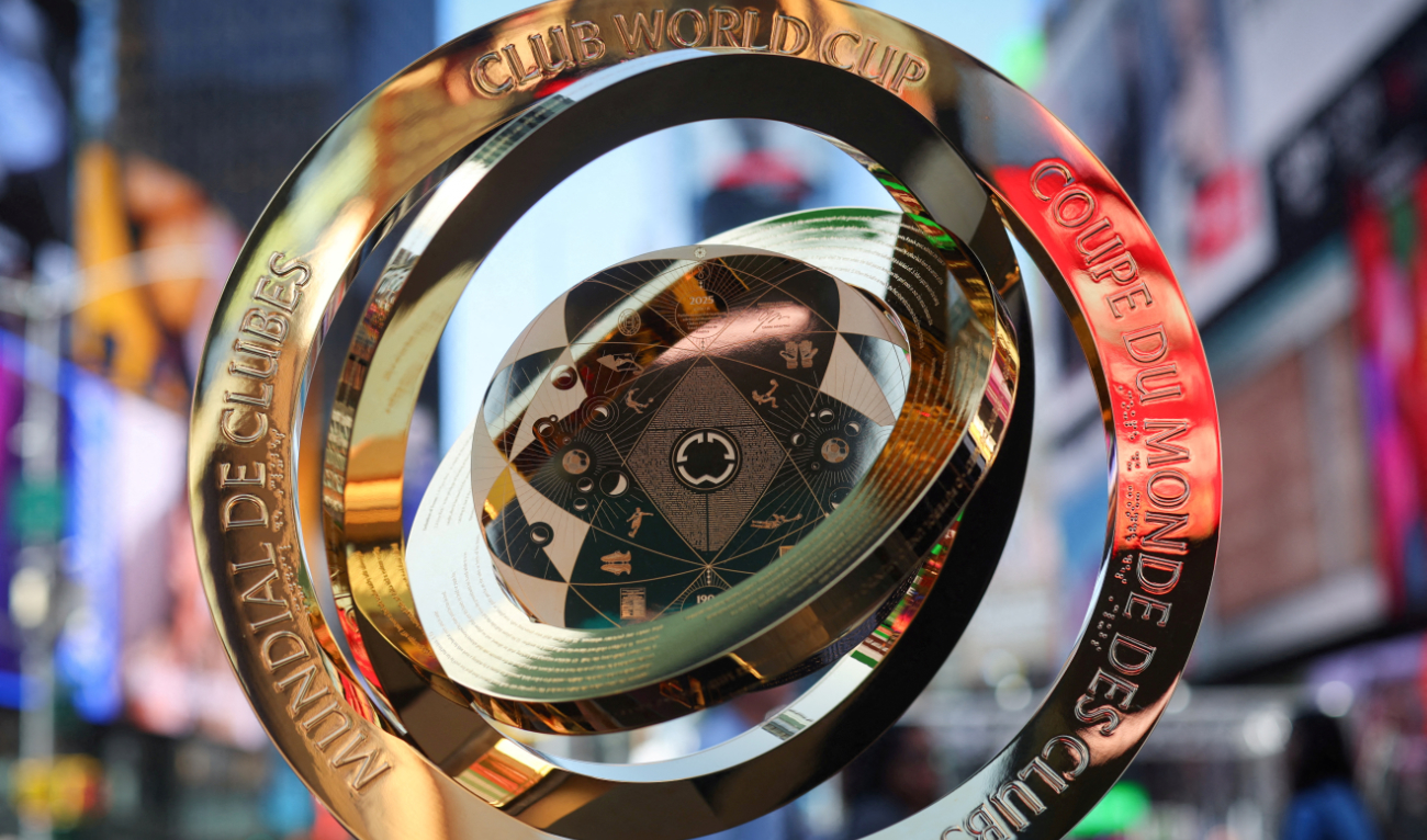 The FIFA Club World Cup 2025 winners trophy is displayed in Times Square ahead of the tournament featuring 32 teams and 63 matches, spread across 12 stadiums in 11 US cities in June and July. (File/Reuters)