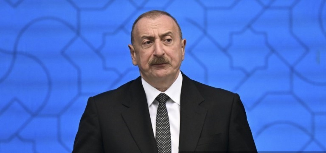 Azerbaijani President Ilham Aliyev delivers a speech during the event held within Azerbaijan Independence Day in Lachin, Azerbaijan. (AFP)