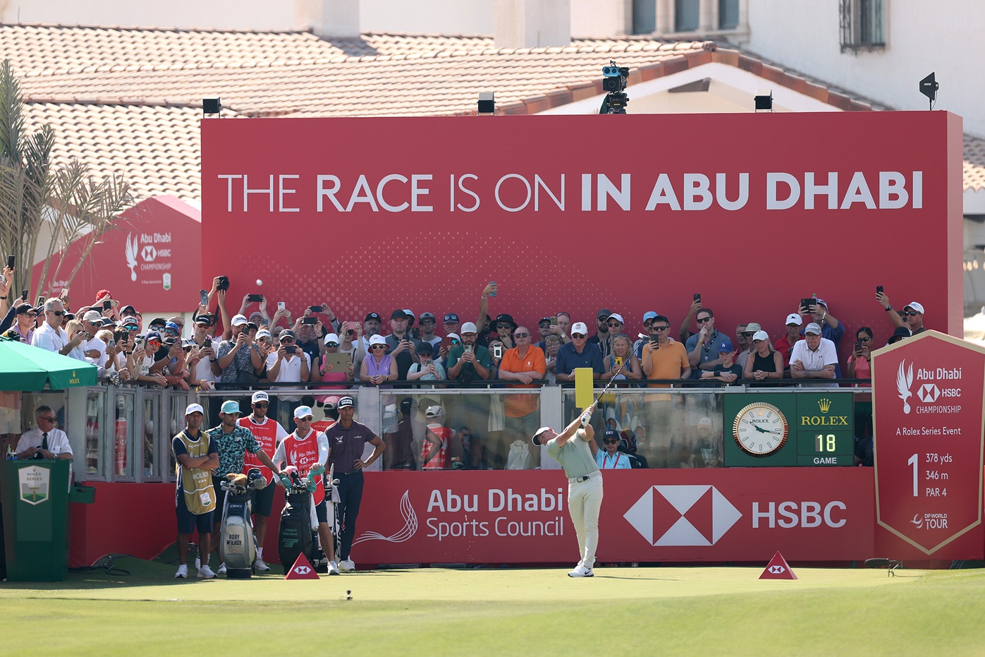 ABU DHABI, UNITED ARAB EMIRATES - NOVEMBER 10: Rory McIlroy of Northern Ireland tees off on the first hole on day four of the Abu Dhabi HSBC Championship 2024 at Yas Links Golf Course on November 10, 2024 in Abu Dhabi, United Arab Emirates. (Photo by Richard Heathcote/Getty Images)