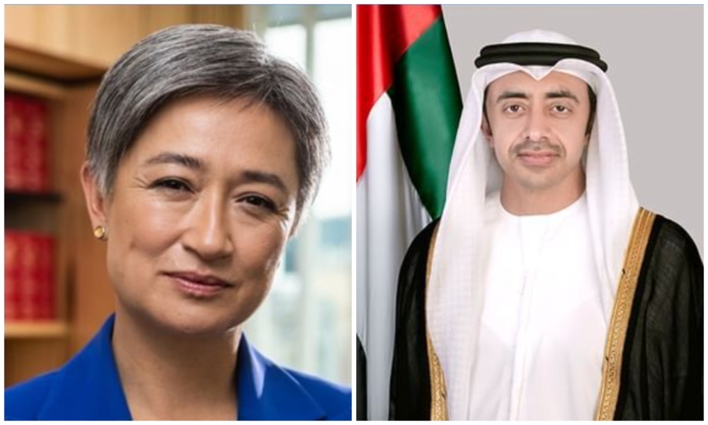 UAE foreign minister Sheikh Abdullah bin Zayed Al-Nahyan and his Australian counterpart Penny Wong. (Screengrab/WAM)