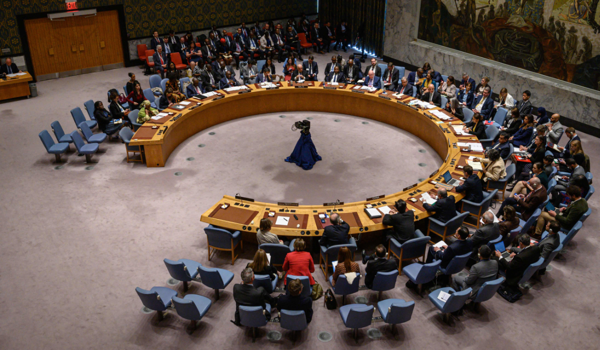 A general view shows a United Nations security council meeting on the protection of civilians in armed conflict, at the UN headquarters in New York on May 23, 2023. (AFP)