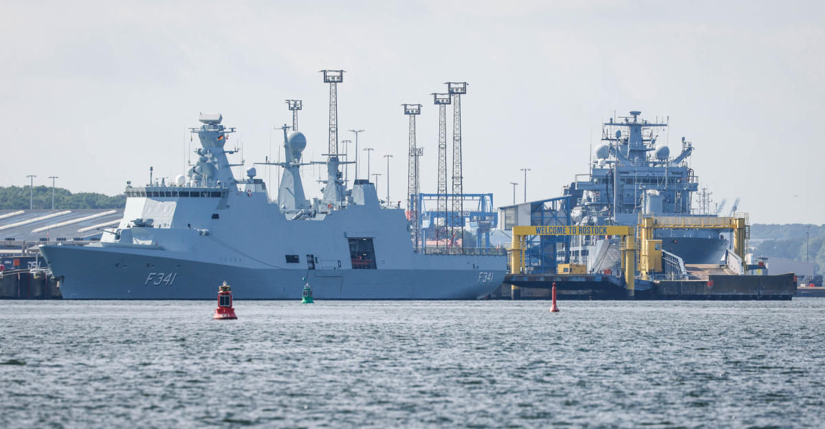 Above, the Danish frigate Absalon, left, and the German navy supply vessel Frankfurt am Main are moored at the Ubersee port in Rostock, northern Germany, on June 3, 2025 before they set sail on June 5 for the major NATO exercise BALTOPS. (AFP)