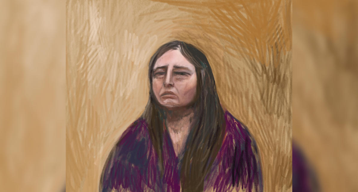 A court sketch drawn from a video link shows Erin Patterson appearing as a witness for her own defense, at the Latrobe Valley Magistrates’ Court in Morwell, Australia on June 2, 2025. (AAP/via Reuters)