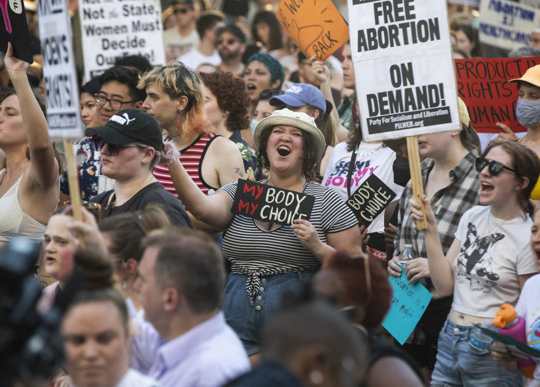 Abortion-rights supporters protest on the steps of the John Minor Wisdom United States of Appeals Fifth Circuit Building after the Supreme Court decision to overturn Roe v. Wade, in New Orleans on June 24, 2022. (The Times-Picayune/The New Orleans Advocate via AP)
