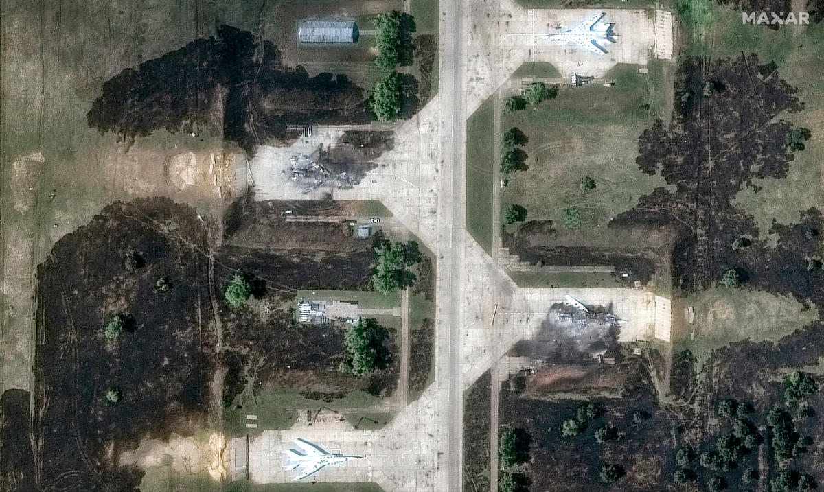 A satellite image shows destroyed TU 22 aircraft in the aftermath of a drone strike at the Belaya air base in Irkutsk region, Russia on June 4, 2025. (Maxar Technologies via Reuters)