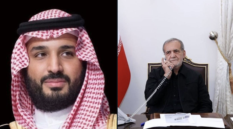 Saudi Crown Prince Mohammed bin Salman received a phone call from Iranian President Masoud Pezeshkian on the occasion of Eid Al-Adha on Thursday. (SPA/Iran MOFA)