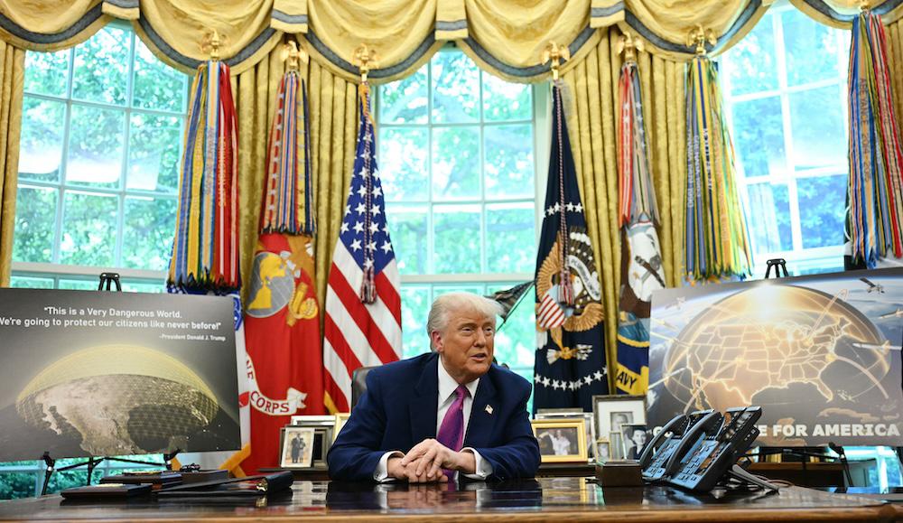 US President Donald Trump announces the Golden Dome missile defense shield at the Oval Office of the White House on May 20, 2025, in Washington, DC. (AFP)