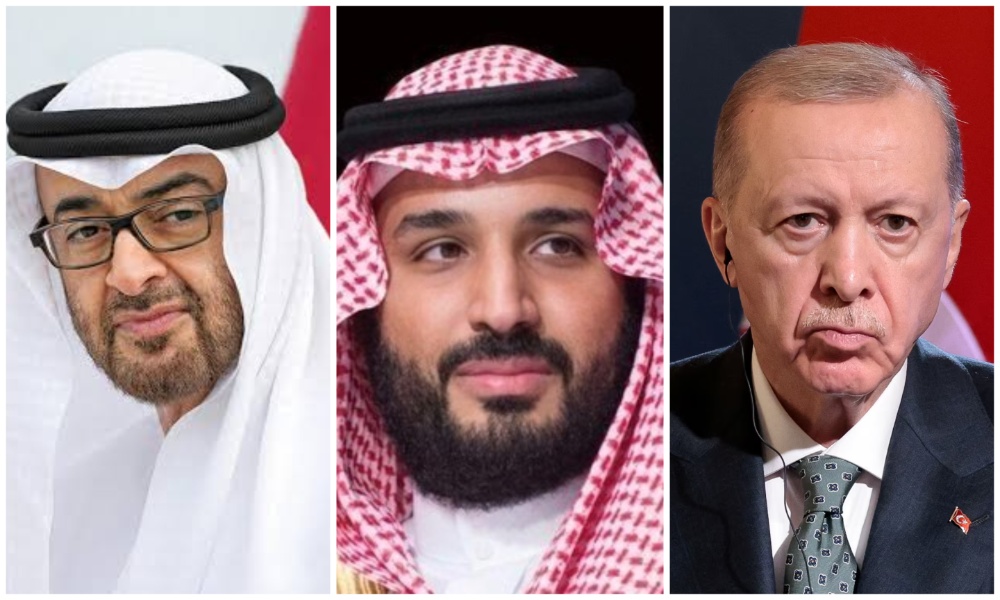 Crown Prince Mohammed bin Salman spoke on the phone on Thursday with Turkish President Recep Tayyip Erdogan and Emirati President Mohamed bin Zayed Al-Nahyan. (Reuters/Anadolu/SPA)