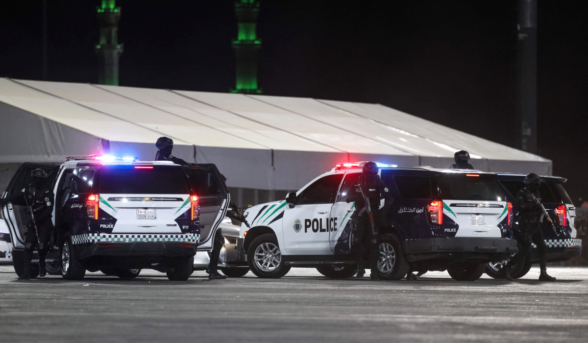 Saudi police take part in a security demonstration as pilgrims arrive for the annual Hajj pilgrimage in the holy city of Mecca on May 31, 2025. (AFP)
