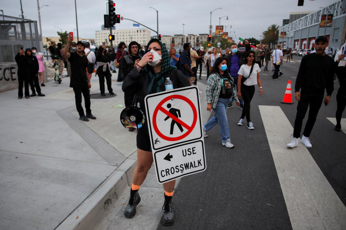 Protesters gather around the Los Angeles Federal Building following multiple detentions by Immigration and Customs Enforcement in downtown Los Angeles, California on June 6, 2025. (Reuters)
