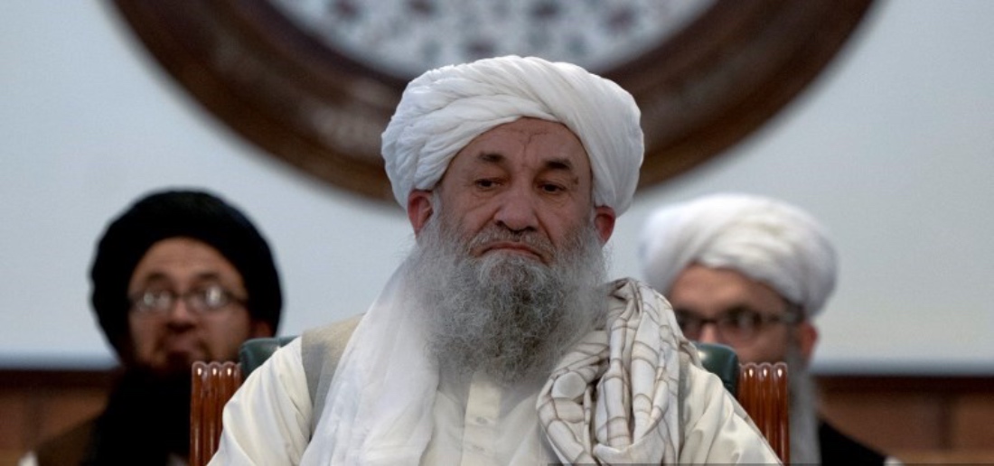 Afghanistan's Prime Minister Mohammad Hassan Akhund at a gathering inside the former presidential palace in Kabul. (AFP)