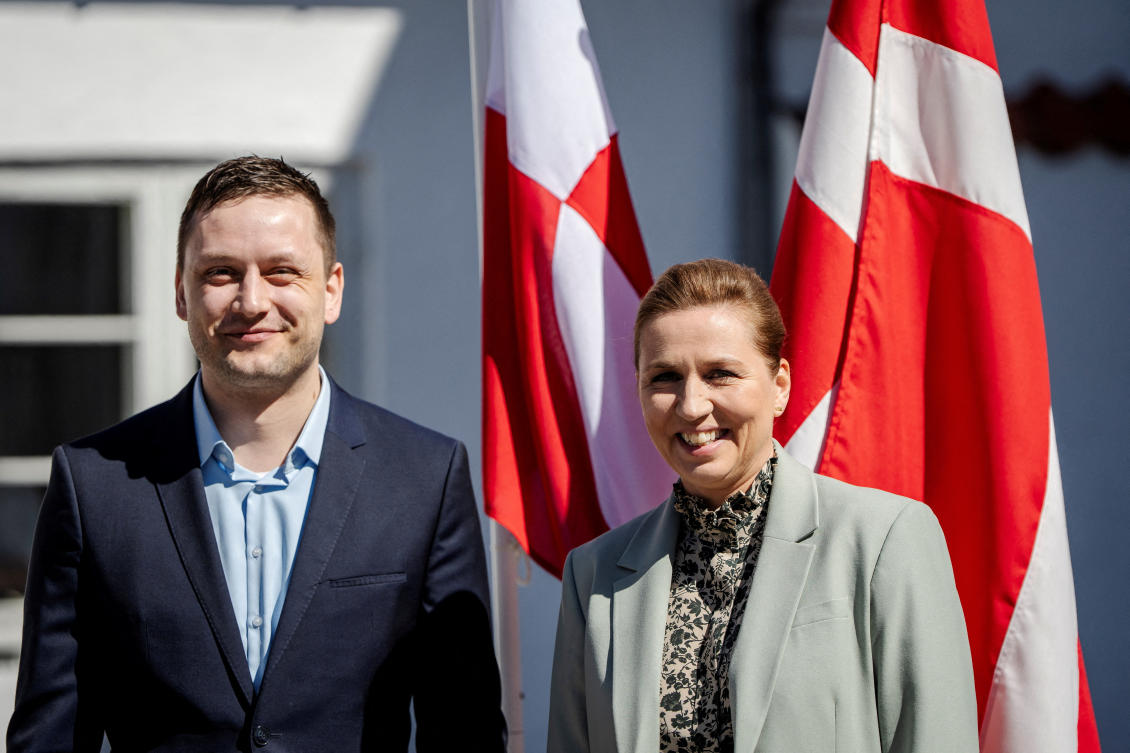 Prime Minister Mette Frederiksen receives Greenland’s Prime Minister Jens-Frederik Nielsen ahead of a meeting at Marienborg in Kongens Lyngby, Denmark, Apr. 27, 2025. (Reuters/File)