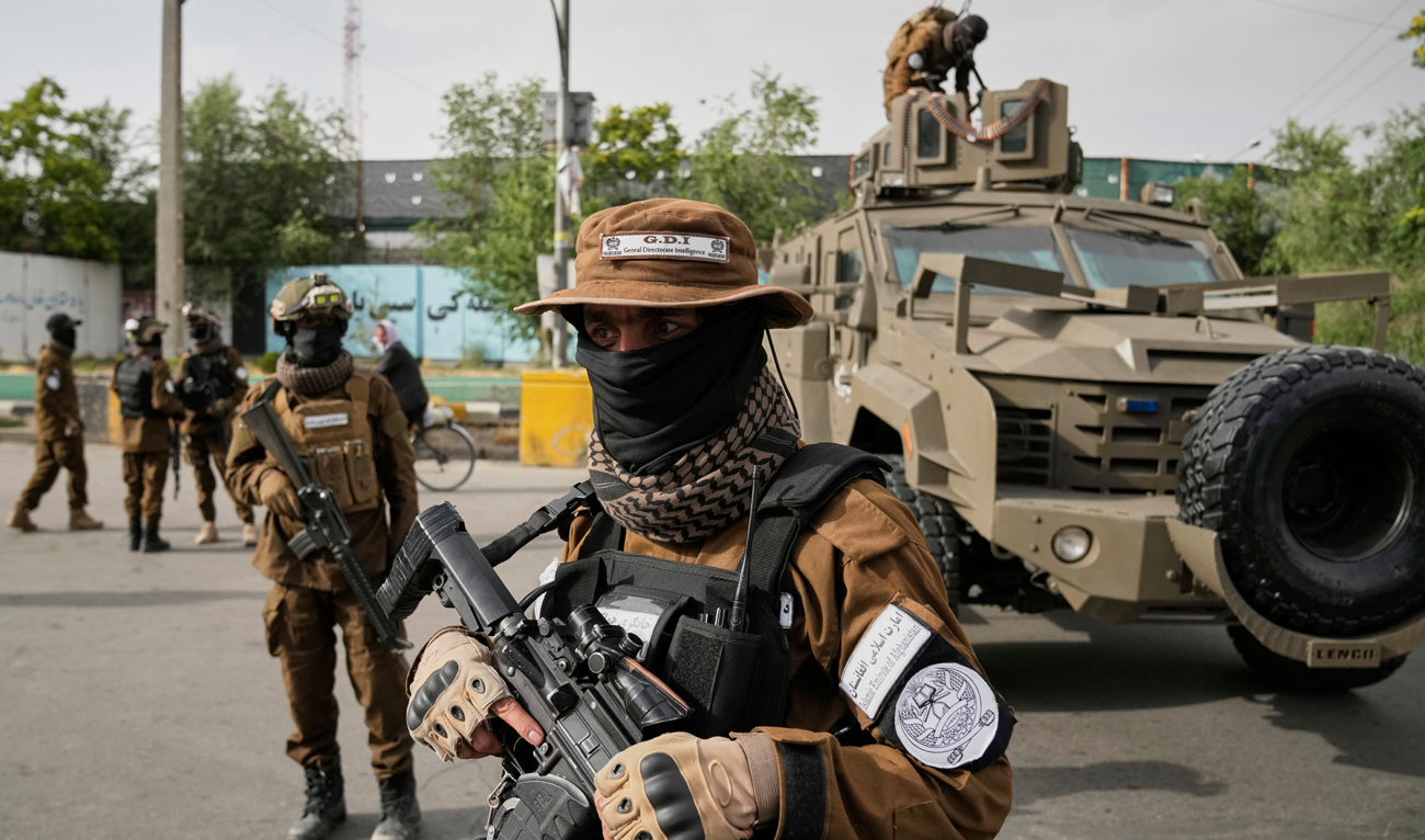 Taliban fighters stand guard in front of the former US embassy the day before Eid Al-Adha, or “Feast of the Sacrifice,” in Kabul, Afghanistan on June 6, 2025. (AP)