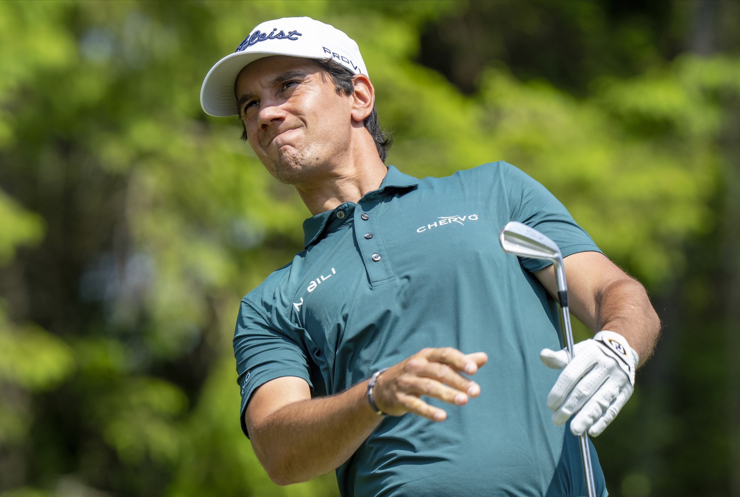 Matteo Manassero watches his tee shot on the 11th hole during the third round of the Canadian Open golf tournament in Caledon, Ontario, Saturday, June 7, 2025. (The Canadian Press via AP)