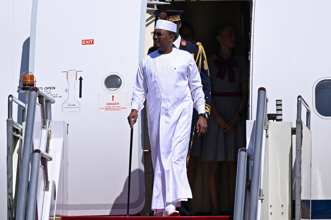 Chad's President Mahamat Idriss Deby departs his plane in Beijing Capital Airport, China. (AP)