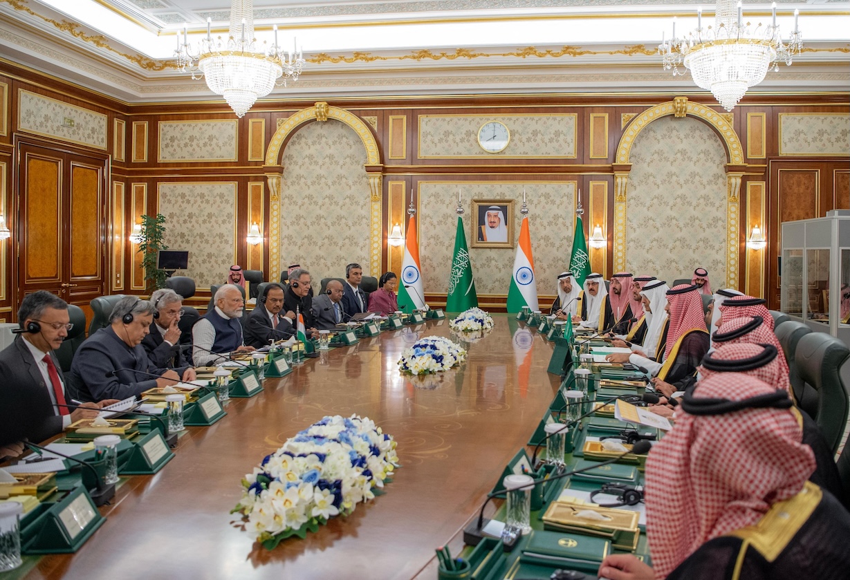 In this handout picture released by the Saudi Press Agency, Saudi Crown Prince Mohammed bin Salman and Indian PM Narendra Modi head a meeting of the Saudi-Indian Strategic Partnership Council in Jeddah, April 22, 2025. (AFP/SPA/File)