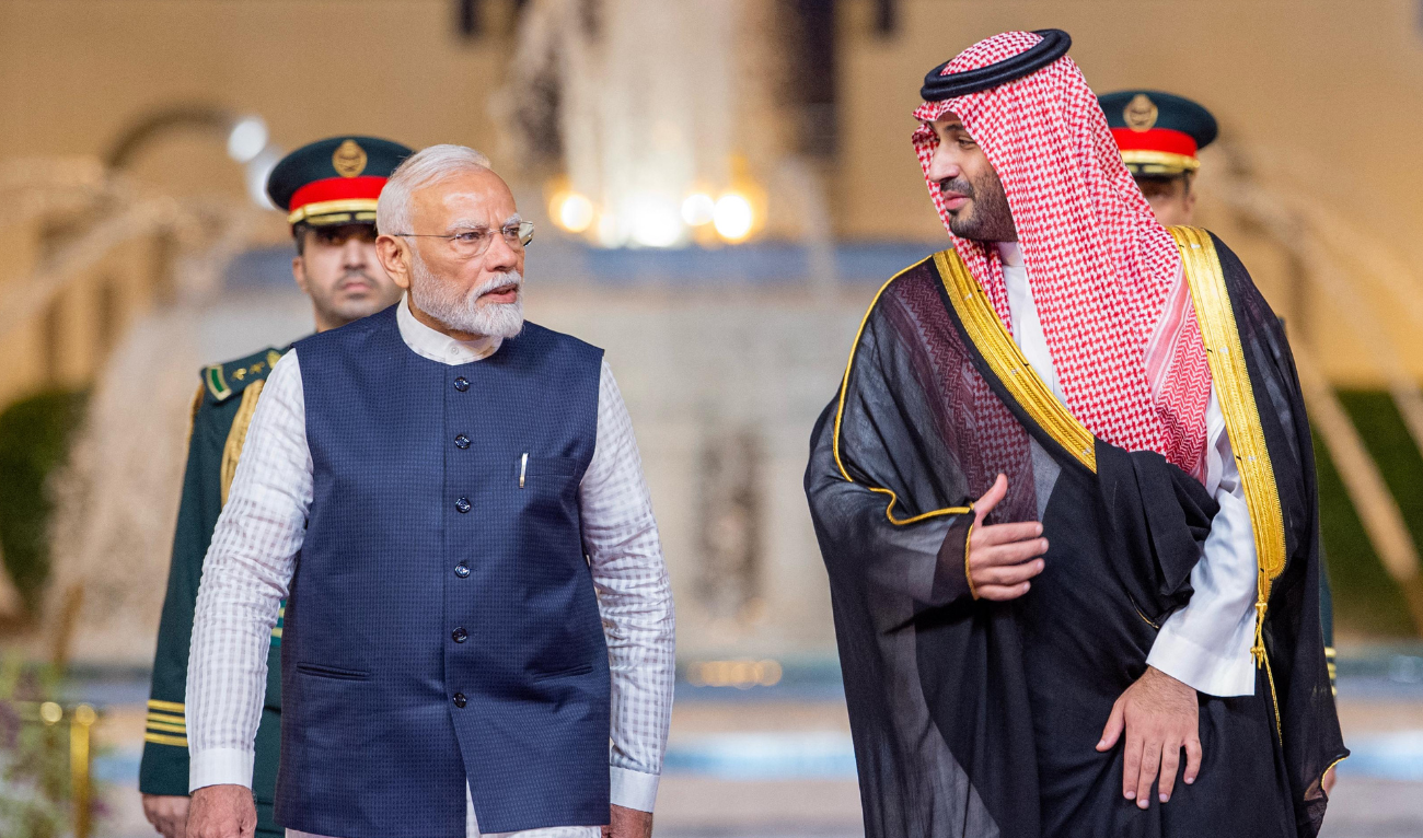 In this handout picture released by the official Saudi Press Agency (SPA), Saudi Arabia's Crown Prince Mohammed bin Salman (R) escorts Indian Prime Minister Narendra Modi during their meeting at Al-Salam Royal Palace in Jeddah on April 22, 2025. (AFP/ file)