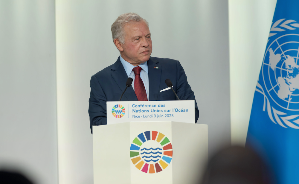 King Abdullah II delivered Jordan’s national address at the third United Nations Ocean Conference in Nice on Monday, underlining the urgent need for global action to protect oceans and marine life. (Jordan News Agency)