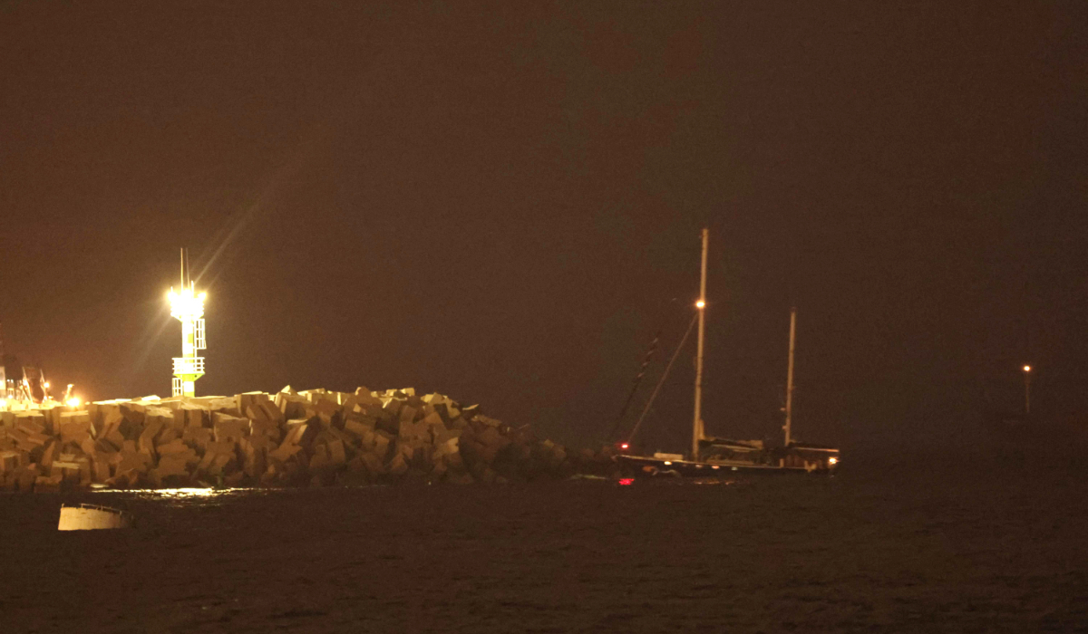 A picture shows the aid sailboat Madleen approaching the southern port of Ashdod after being intercepted by Israeli forces on June 9, 2025. (AFP)