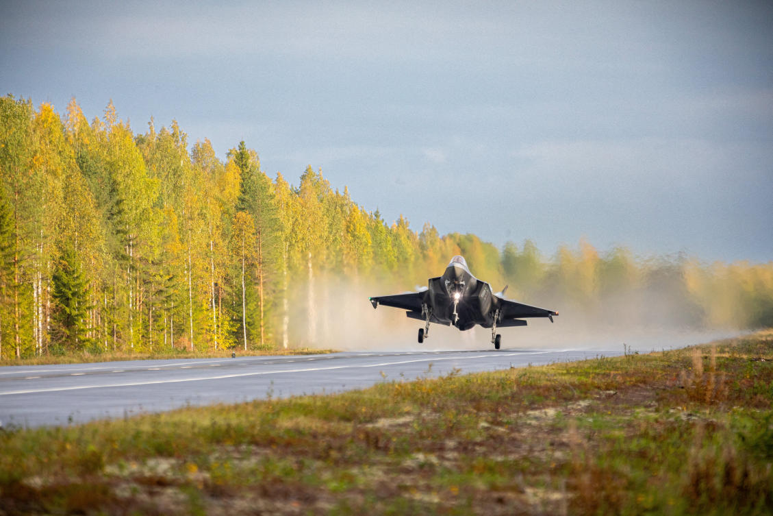 Finland shares a 1,340-kilometer border with Russia. Above, an F-35A Lockheed Martin fighter jet lands on a motorway, in Tervo, Finland on Sept. 21, 2023. (NTB/Ole Andreas Vekve via Reuters)