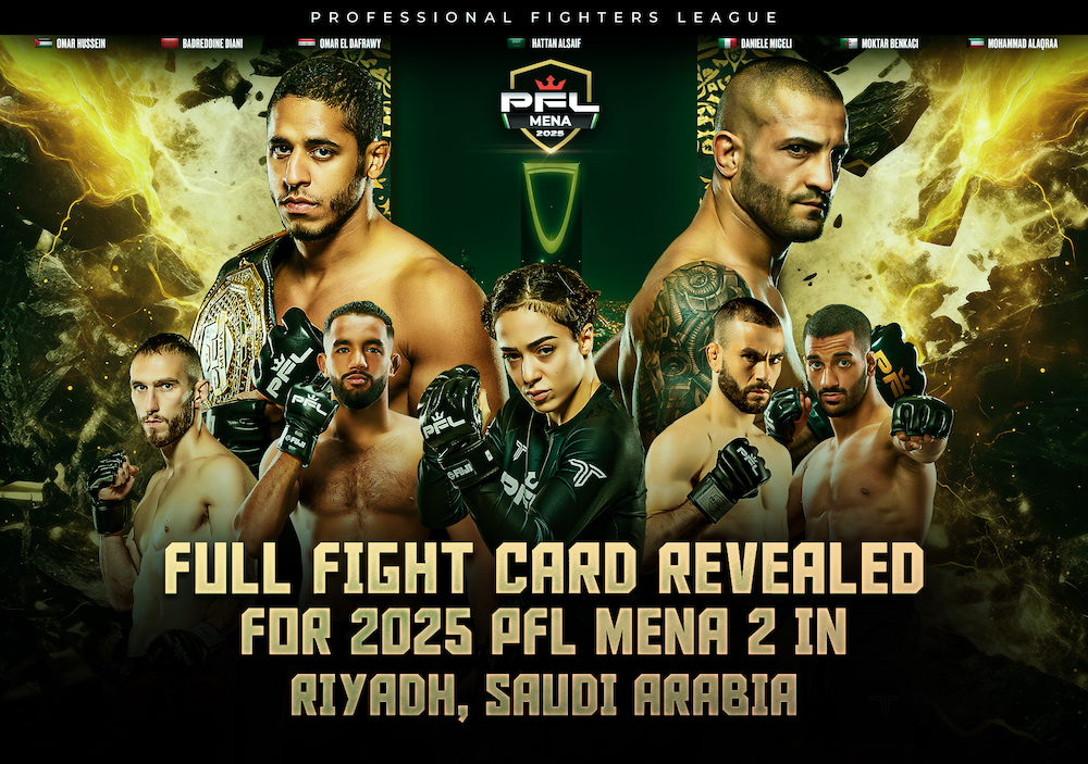The Professional Fighters League on Wednesday announced the full card for PFL MENA 2, to be held at Riyadh’s Green Halls arena on Friday, July 4. (PFL MENA)