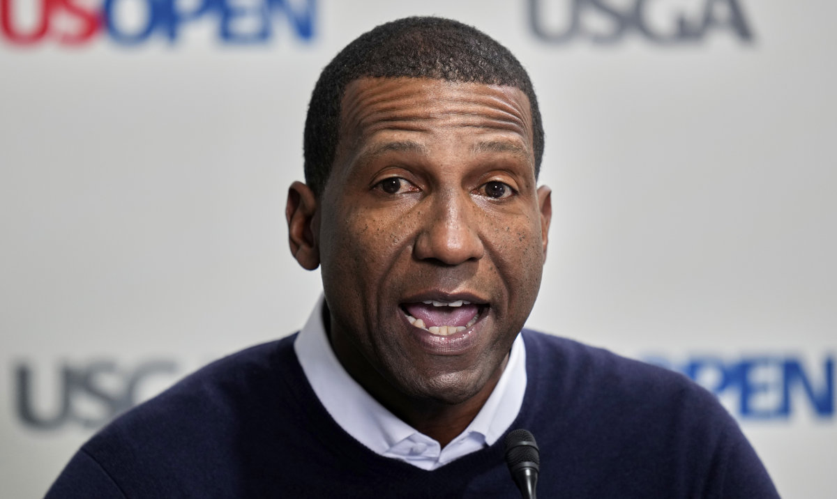 United States Golf Association President Fred Perpall speaks during a USGA news conference ahead of the US Open golf tournament at Oakmont Country Club Wednesday in Oakmont, Pa. (AP)