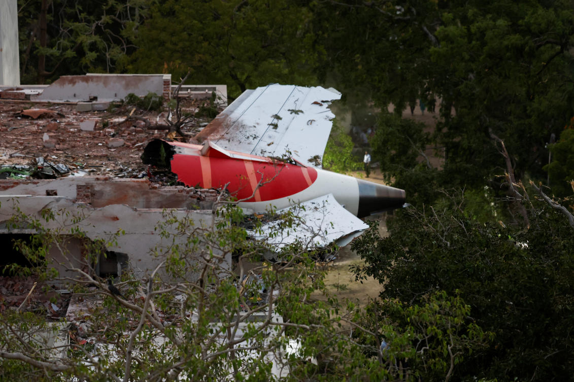 The tail of the Air India Boeing 787 Dreamliner plane that crashed in Ahmedabad on Thursday. (Reuters)
