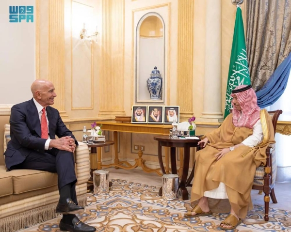 Saudi Minister of Foreign Affairs Prince Faisal bin Farhan during a meeting with US Special Envoy for Syria Thomas Barrack in Riyadh on May 28, 2025. (SPA)
