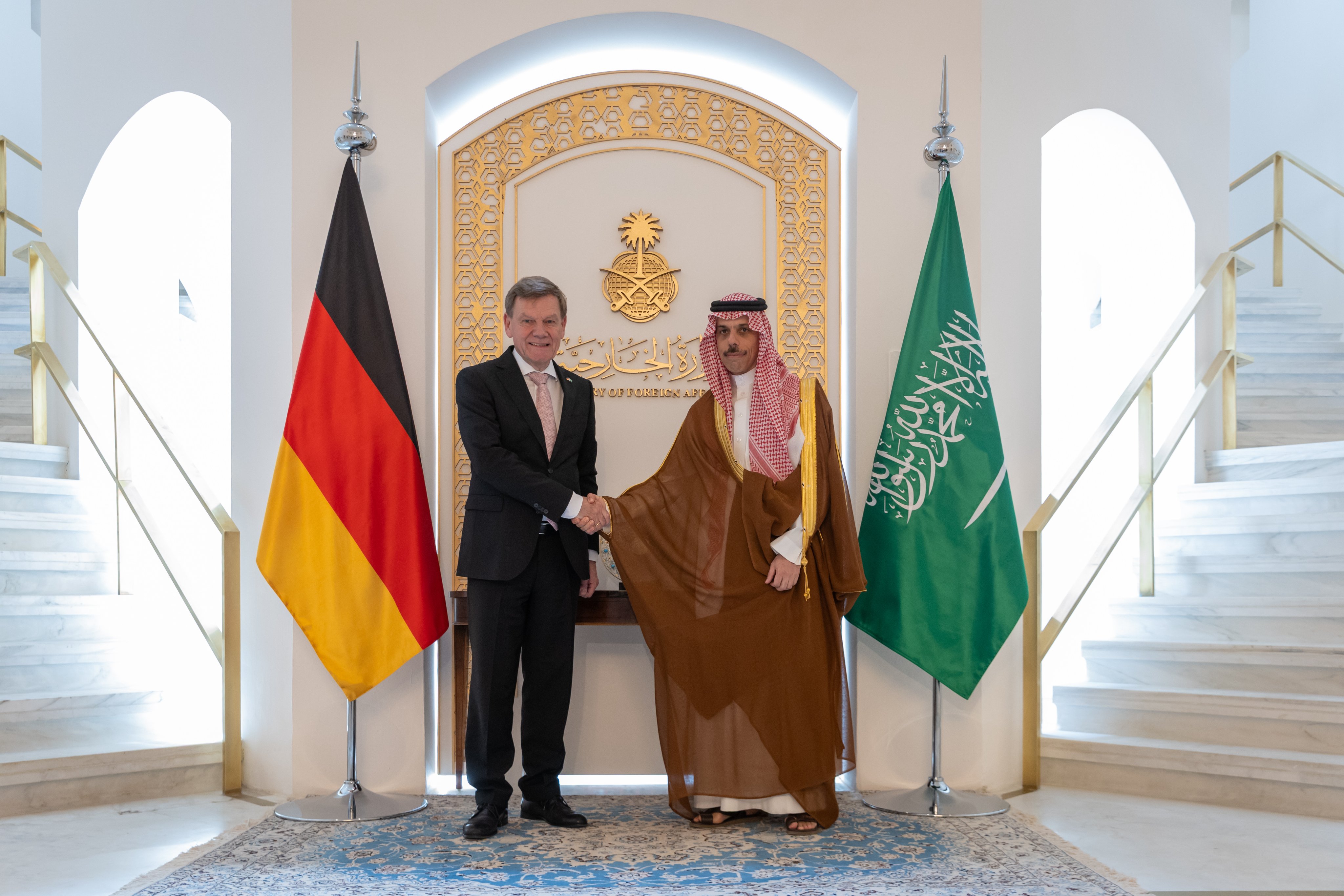 Saudi Foreign Minister Prince Faisal bin Farhan receives his German counterpart Johann Wadephul in Riyadh on Saturday. (SPA)