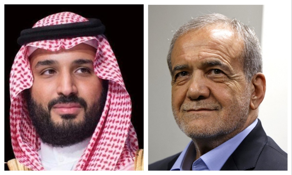 Saudi Arabia’s Crown Prince Mohammed bin Salman and Iranian President Masoud Pezeshkian. (File/SPA/AFP)