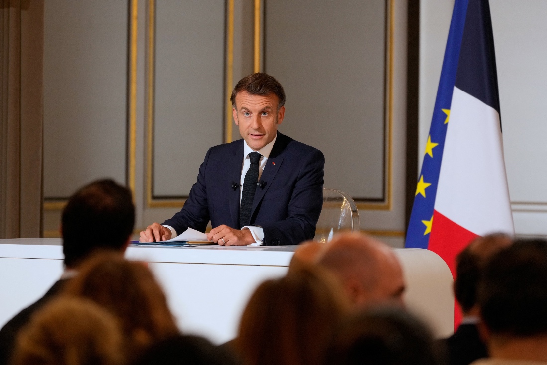 French President Emmanuel Macron holds a press conference at the Elysee Palace, in Paris. (Pool)