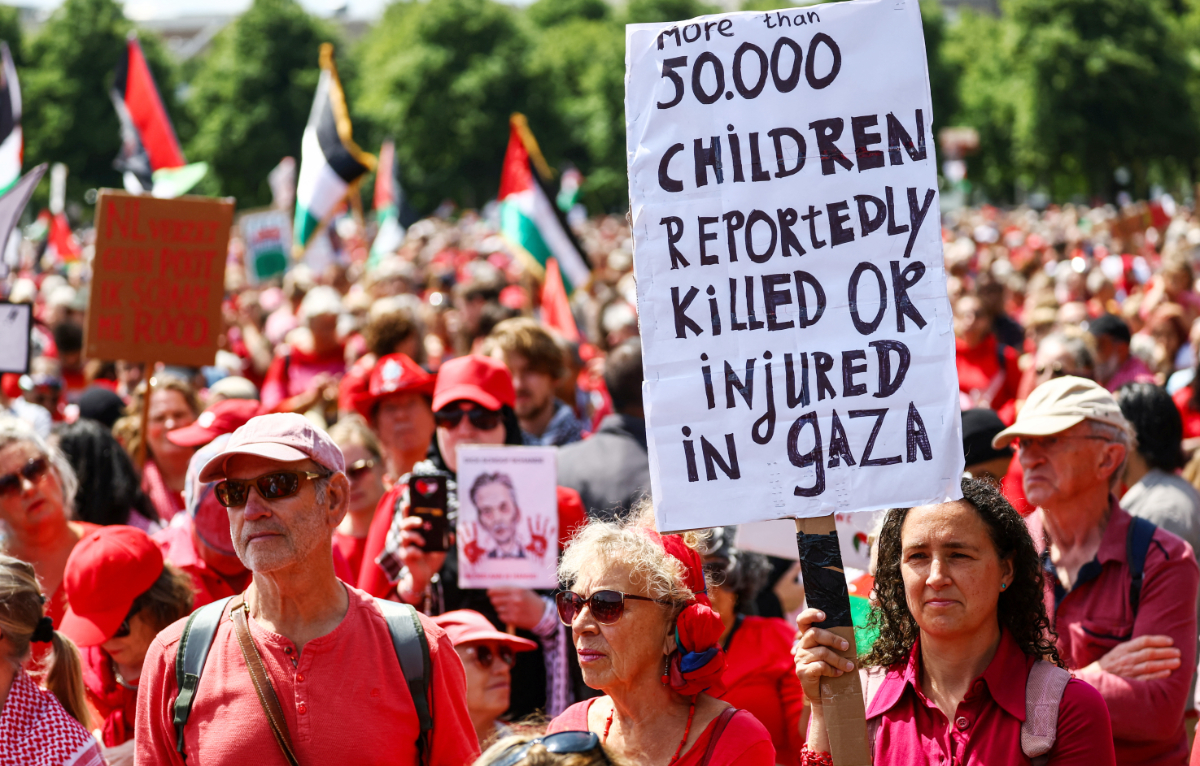 Demonstrators protest against conditions in Gaza and demand that the caretaker government impose sanctions against Israel, in The Hague, Netherlands, June 15 2025. (REUTERS)