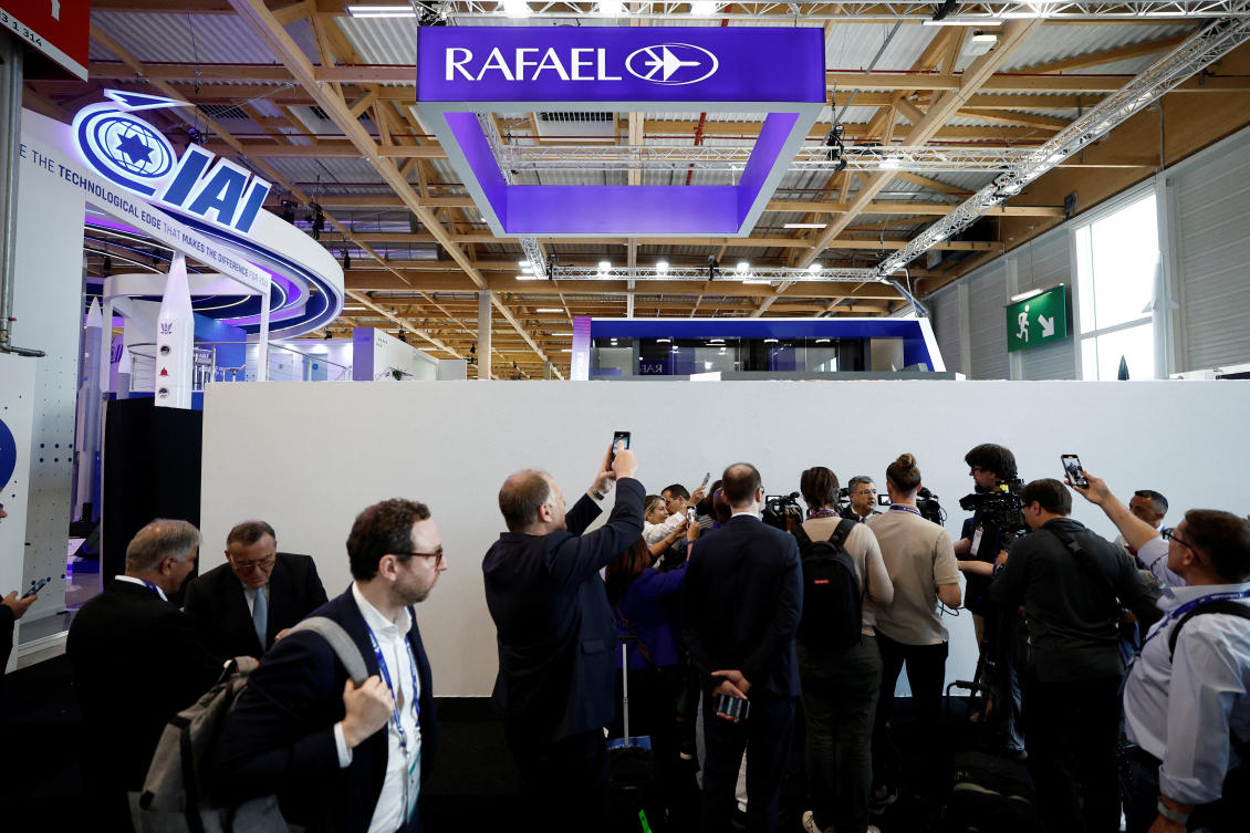 Shlomo Toaff, Director of Rafael Advanced Defense Systems, talks to journalists after the four main Israeli company stands at the Paris Airshow have been shut down by organizers during the 55th Paris Air Show at Le Bourget Airport near Paris, France, June 16, 2025. (Reuters)