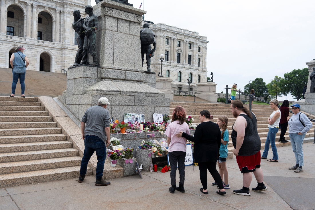 A memorial outside the Minnesota State Capitol in honor of Democratic state assemblywoman Melissa Hortman and her husband Mark, after a gunman killed them in Minnesota, US. (Reuters)