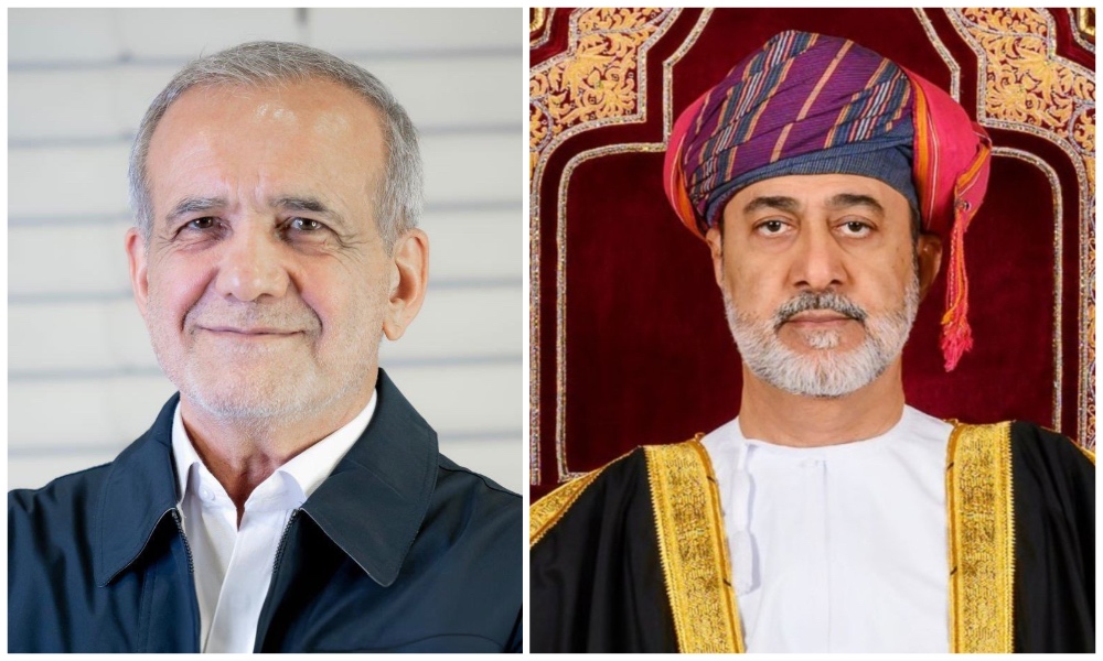 Iranian President Masoud Pezeshkian and Sultan Haitham bin Tariq of Oman. (Screengrab)