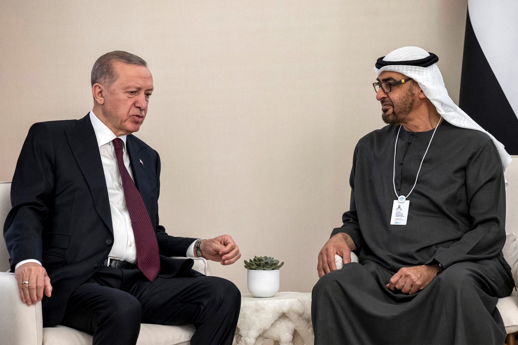 This handout picture provided by the UAE Presidential Court shows UAE President Sheikh Mohamed bin Zayed al-Nahyan (R) receiving Turkey's President Recep Tayyip Erdogan prior to a meeting during the 2024 World Government Summit in Jumeirah, Dubai, on February 13, 2024. (AFP)