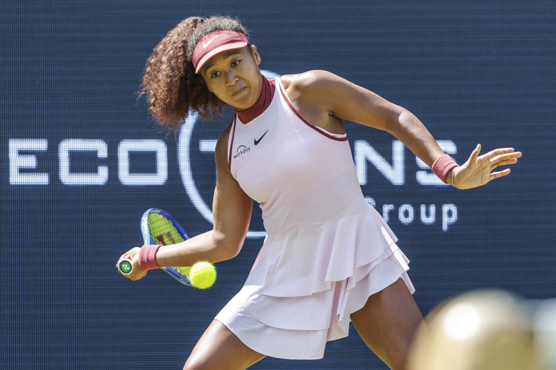 Japan’s Naomi Osaka returns the ball to Russia’s Ludmilla Samsonova during the Berlin WTA tennis tournament in Berlin, Jun. 17, 2025. (AP)