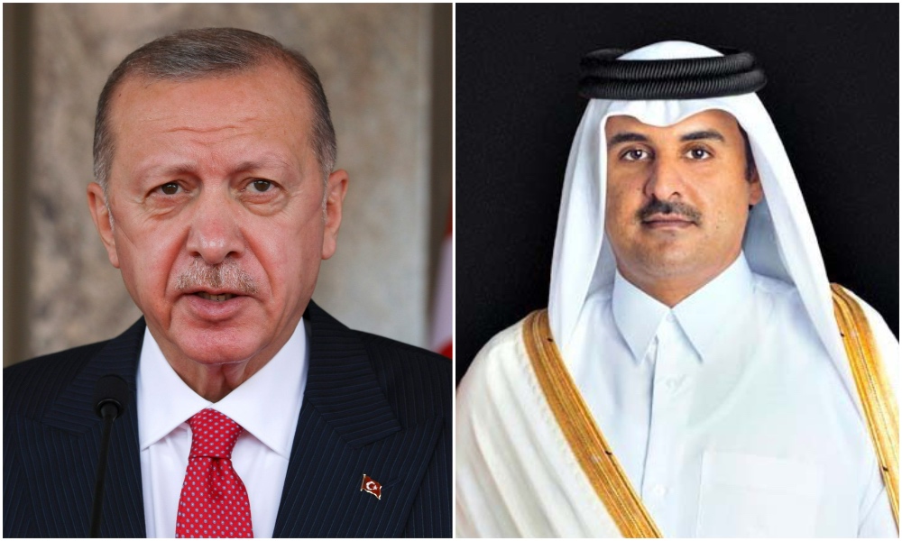 Sheikh Tamim bin Hamad Al-Thani, the Emir of Qatar, and Turkish President Recep Tayyip Erdogan. (QNA)